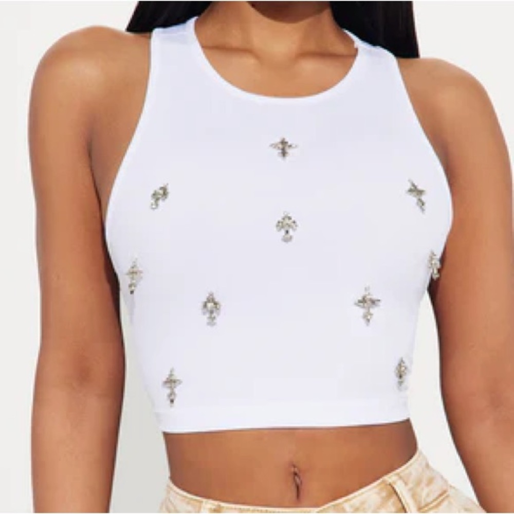 Fashion Nova Cross Charm Tank Top - White Ribbed Shirt with Silver Charms